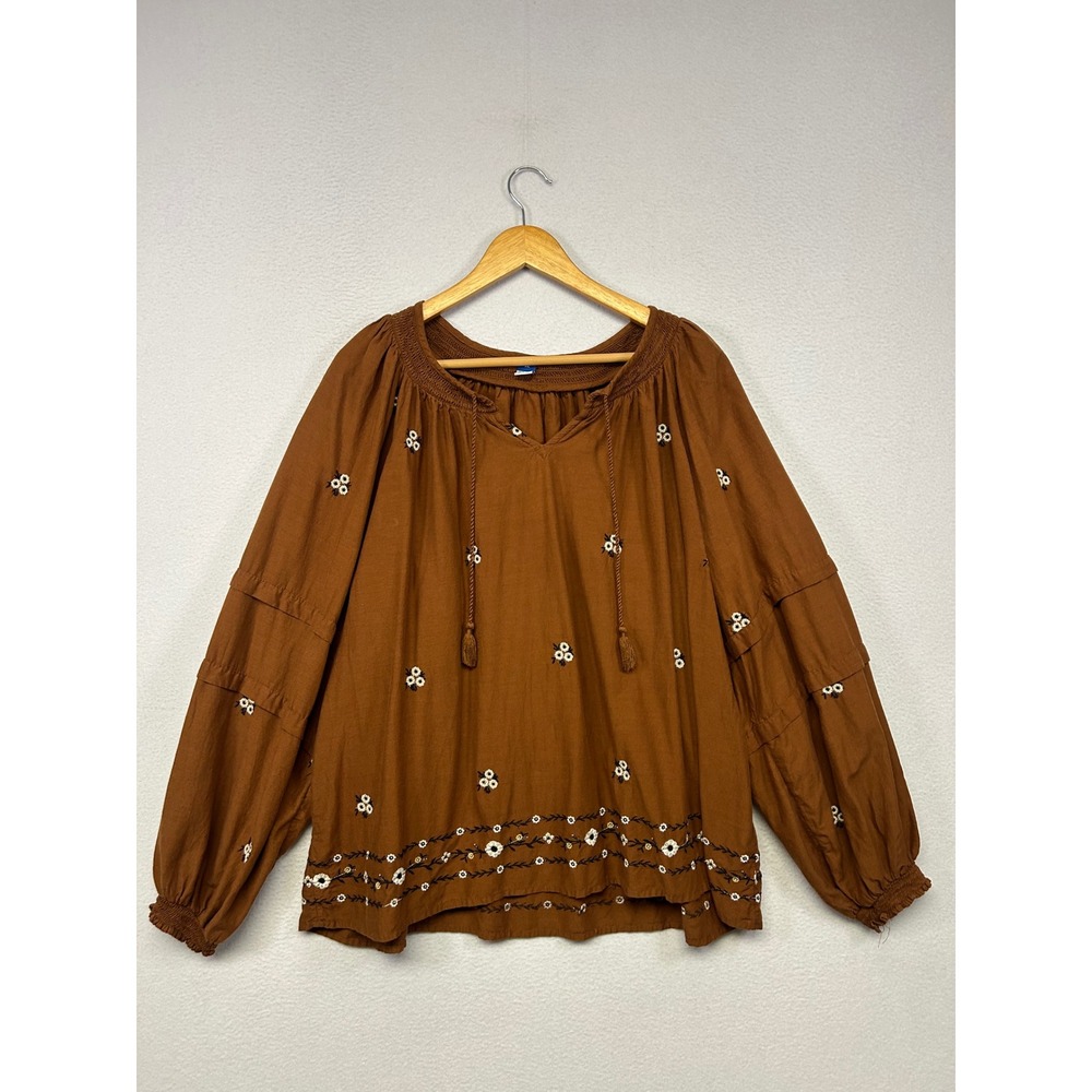 Boho Cottagecore Old Navy Women XL Brown Floral Embroidered Peasant Blouse Top